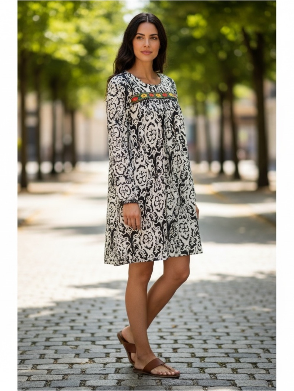 Uncle Frank Black and White Long Sleeve Shift Dress with Embroidered Neckline